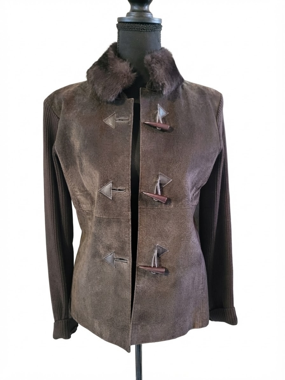Brown Suede Toggle Jacket with removable rabbit Fur Collar
